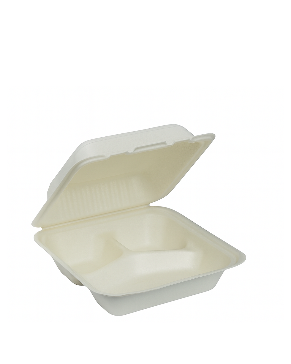 Şəkər qamışından hazırlanmış bio birdəfəlik yemək qabı, 3 bölməli, açıq vəziyyətdə