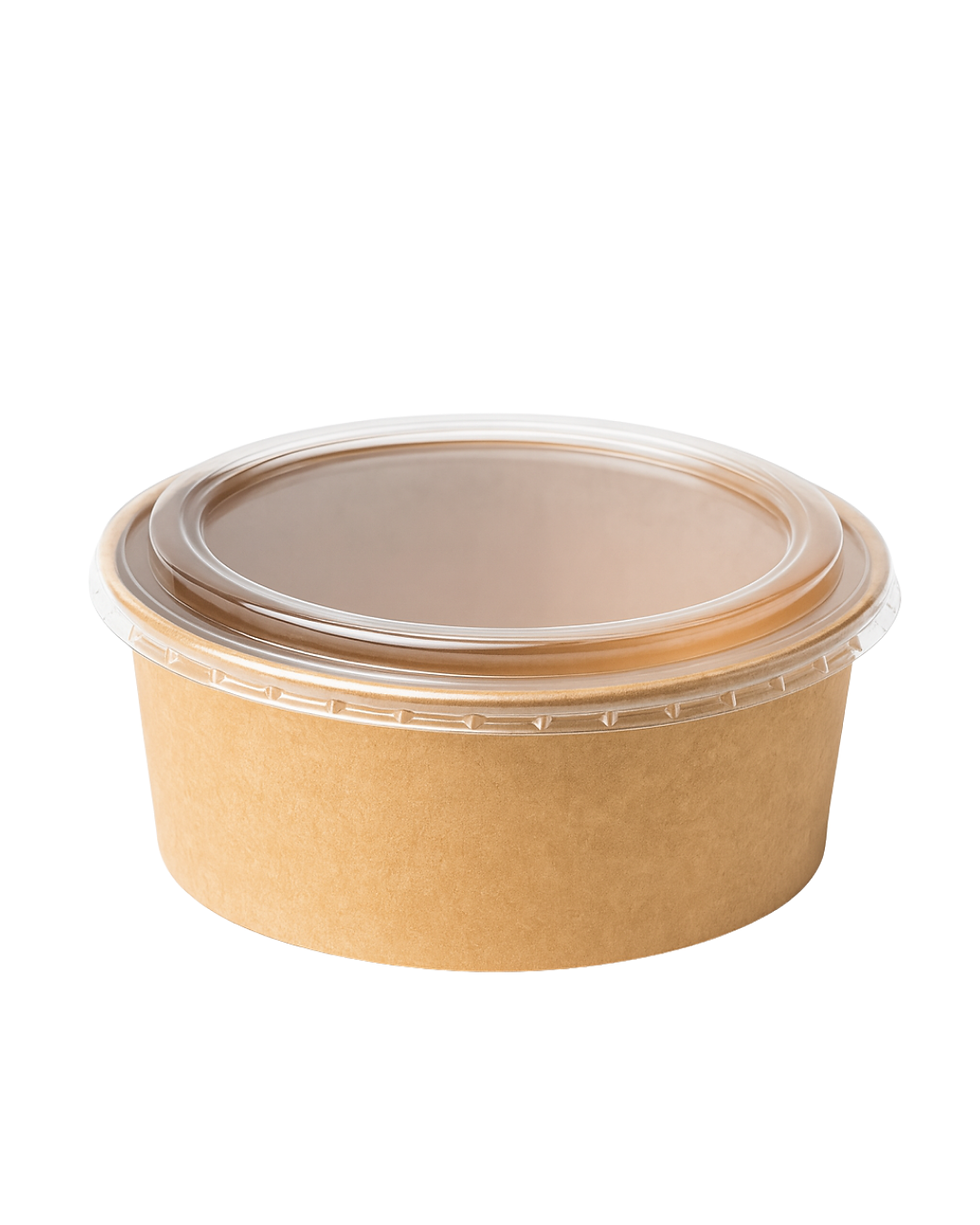 1300 ml həcmində, şəffaf qapağı olan və kraft kağızından hazırlanmış salat qabı.