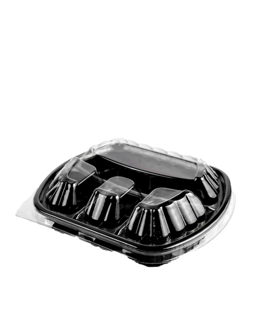 4 bölməli, qapaqlı və qara plastik qida qabı. Hazır yemək qablaşdırması. İsti və soyuq yeməklər üçün mikrodalğalı sobaya uyğu