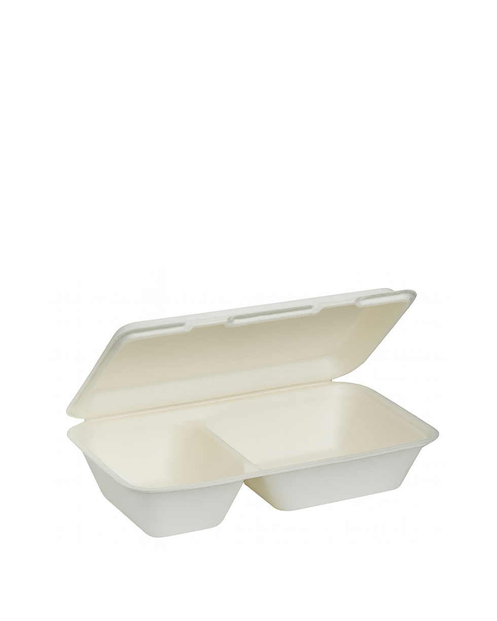 Şəkər qamışından hazırlanmış bio birdəfəlik yemək qabı, 2 bölməli, açıq vəziyyətdə