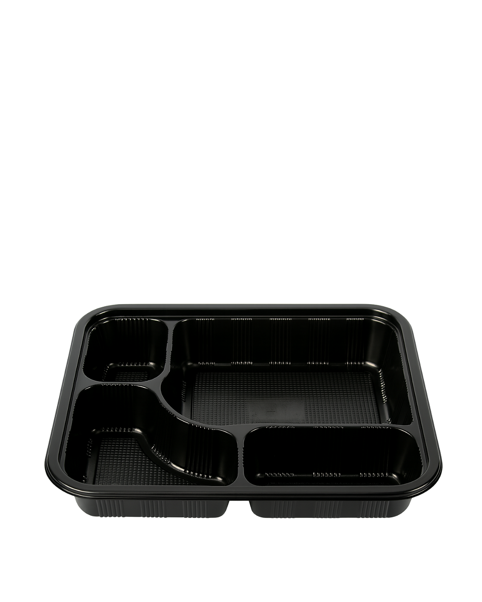 Dörd bölməli, yeməkləri ayrı saxlamaq üçün nəzərdə tutulmuş qara plastik qida qabı.