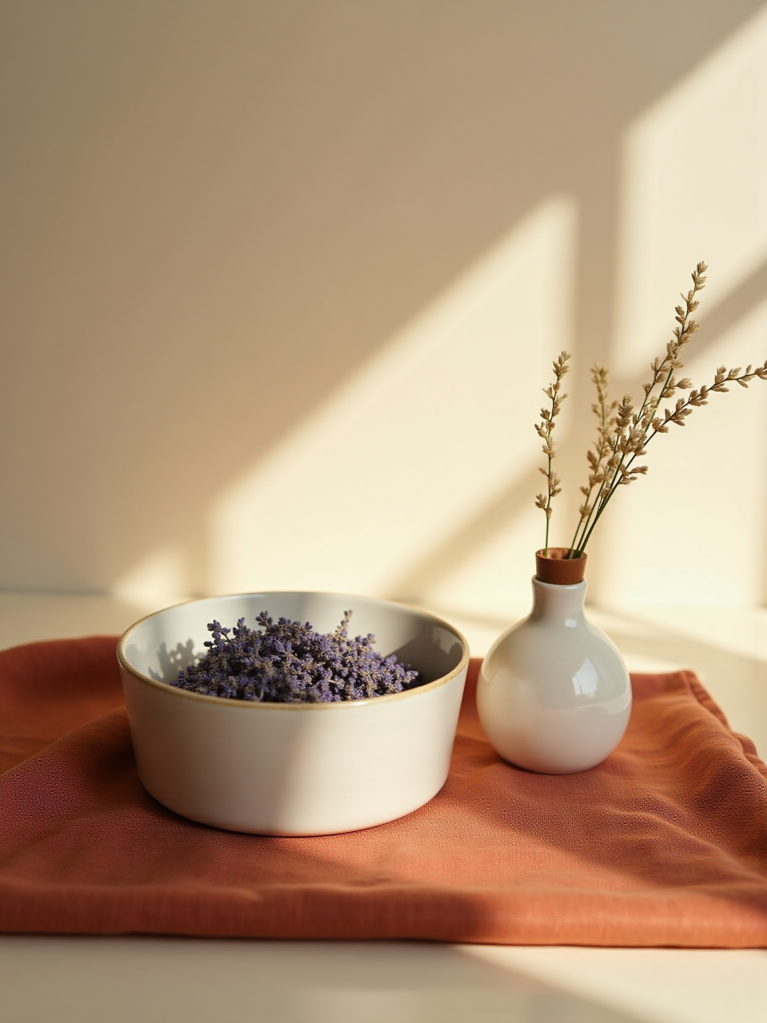 Dried lavender in bowl, vase with dried flowers