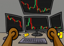 Eye-level view of a computer screen displaying algorithmic trading charts and data