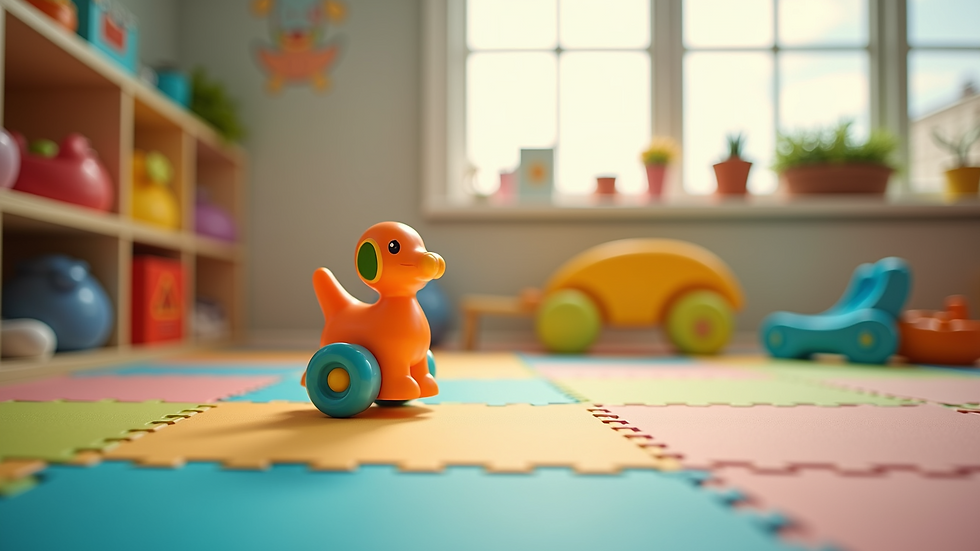 Close-up of a child-safe play area with soft mats and toys