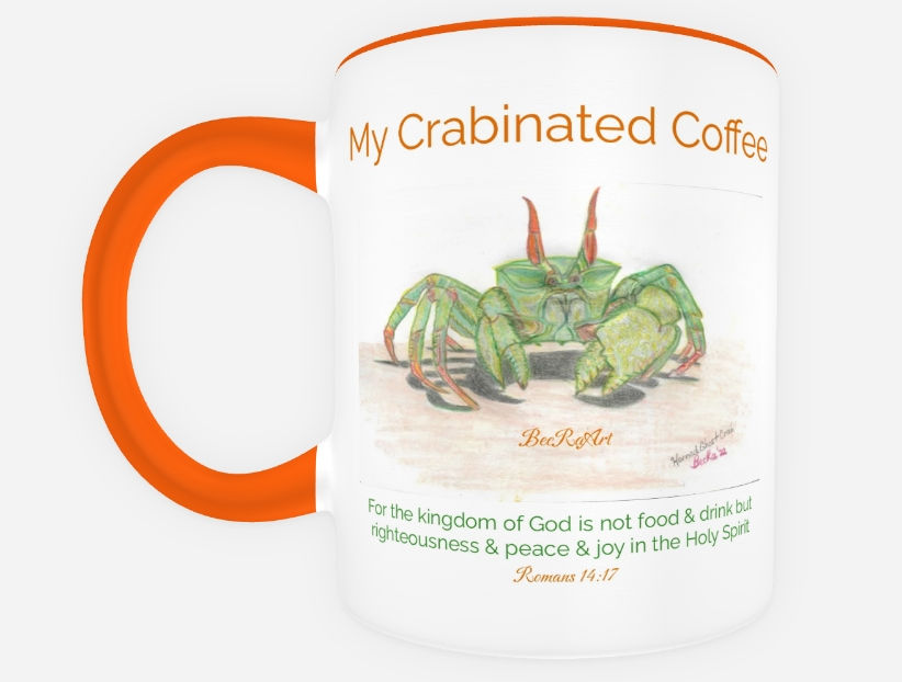 Horned Ghost Crab Coffee Mug right side with colorful drawing of a Horned Ghost Crab and Romans 14:47 verse