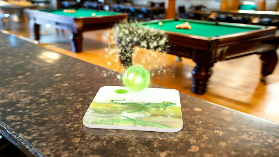 Animated video of the Green Basilisk Coaster on a counter with pool tables in the background.