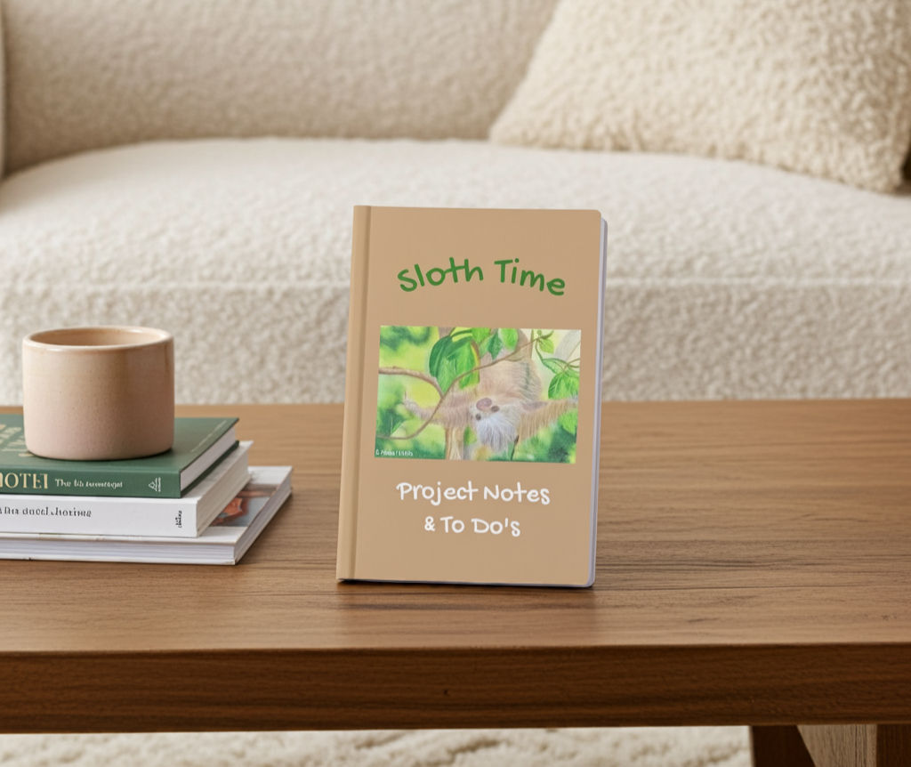 Sloth Time Product Notes & To Do's Notebook on a coffee table