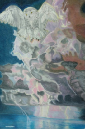 Thumbnail: Snowy Owl flying out of a thunder and lightning storm over water print on canvas