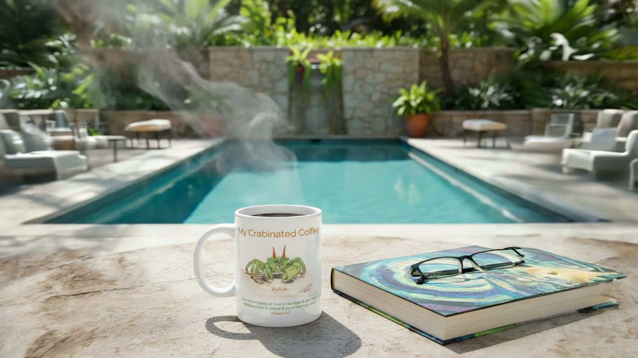 Horned ghost Crab Coffee Mug in solid white on a table next to an outdoor swimming pool