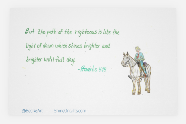 Thumbnail: Back side of Calligrapy Thank You Card with a horse and the Bible verse from Proverbs 4:18