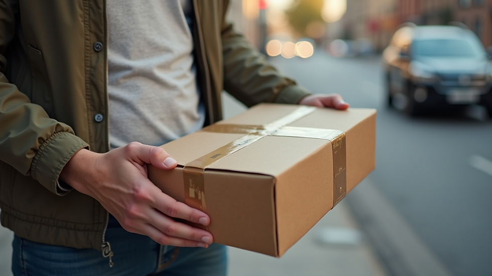 Wide angle view of a package being delivered