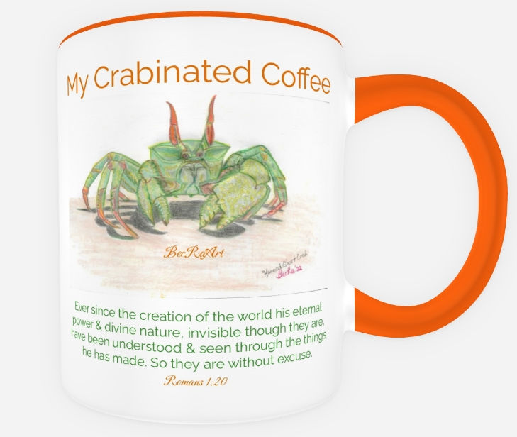 Thumbnail: Left Side of Horned Ghost Crab Coffee Mug with Orange accent handle and interior.  Romans 1:20 Bible verse
