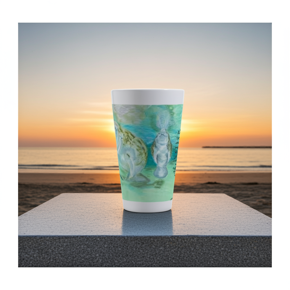Manatee Serenity Latte Mug on a table with a view of the sunset over the ocean