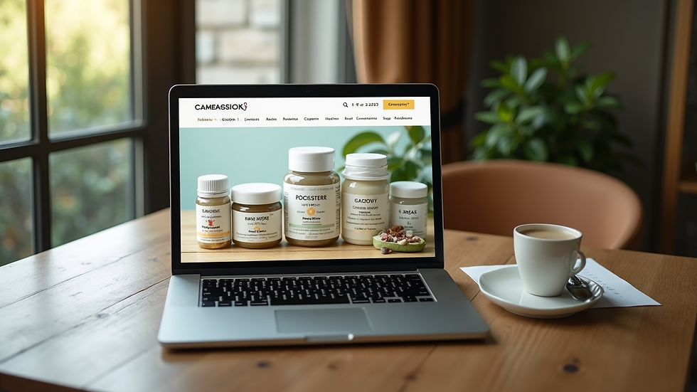 High angle view of a laptop displaying an online homeopathic remedies shop