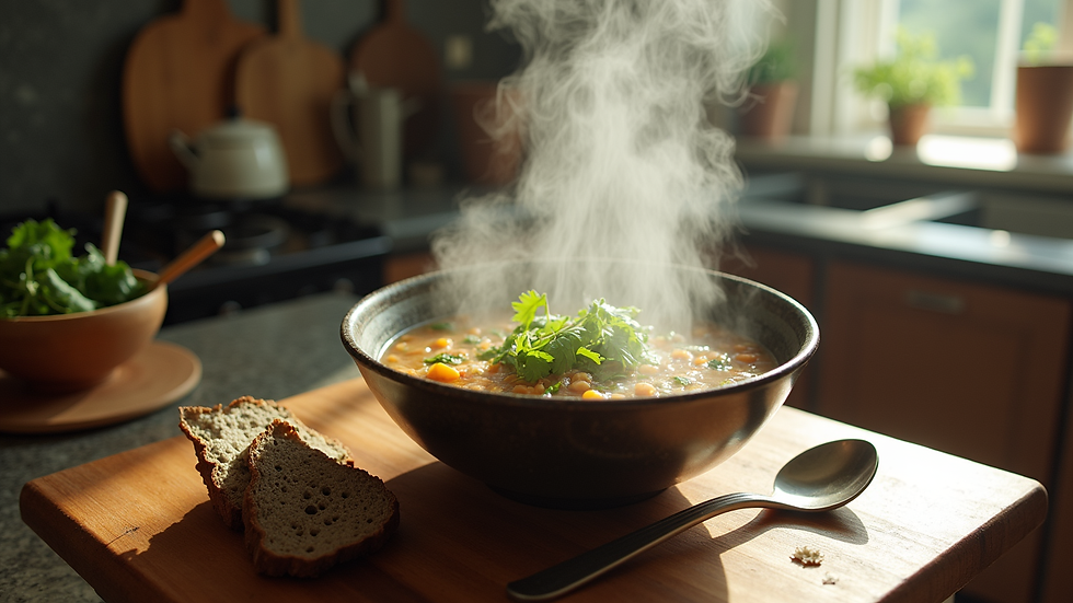 Eye-level view of a steaming bowl of herbal soup on a kitchen counter