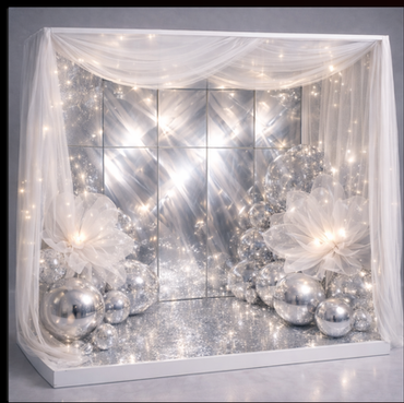 silver and white wedding selfie booth