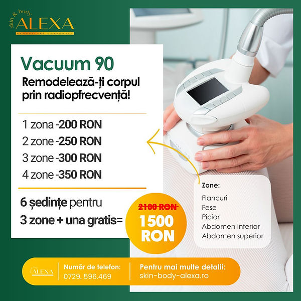 Tratament Vacuum 90 cu radiofrecvență pentru remodelare corporală, reducerea celulitei și tonifierea pielii. Procedură non-invazivă pentru slăbire localizată și fermitate.