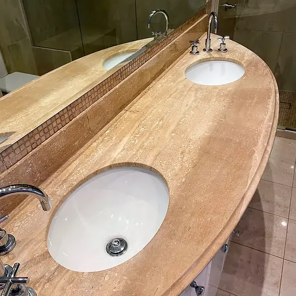 Pristine stone double vanity and luxury basins deep cleaned by Whole Detail domestic cleaners on the Sunshine Coast.