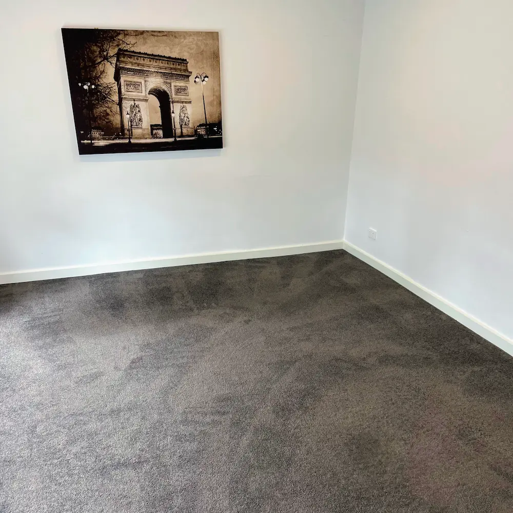 Residential bedroom dark plush carpet HEPA-13 vacuum extraction lines and detailed skirting boards by Whole Detail. 
