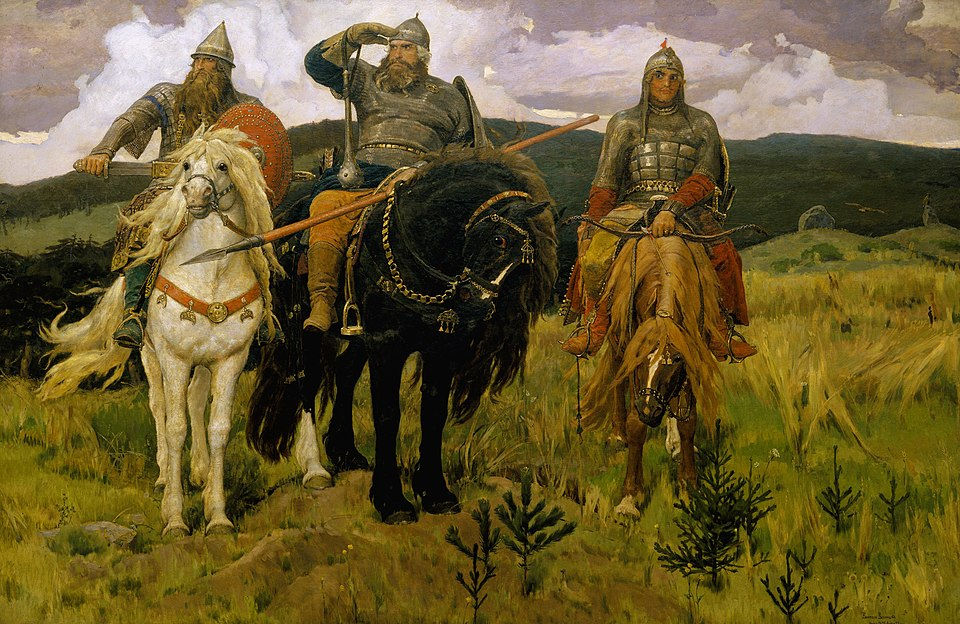 Bogatyri, Viktor Vasnetsov (1898). If these oafs are widely considered to trace back to real dudes, why the heck can't poliantsy trace back to real women?