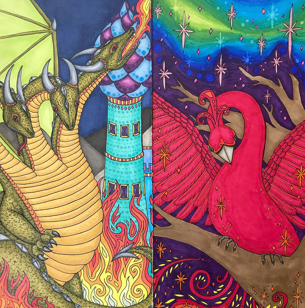 Tarot Art XVI Zmei Gorynych and XVII The Firebird