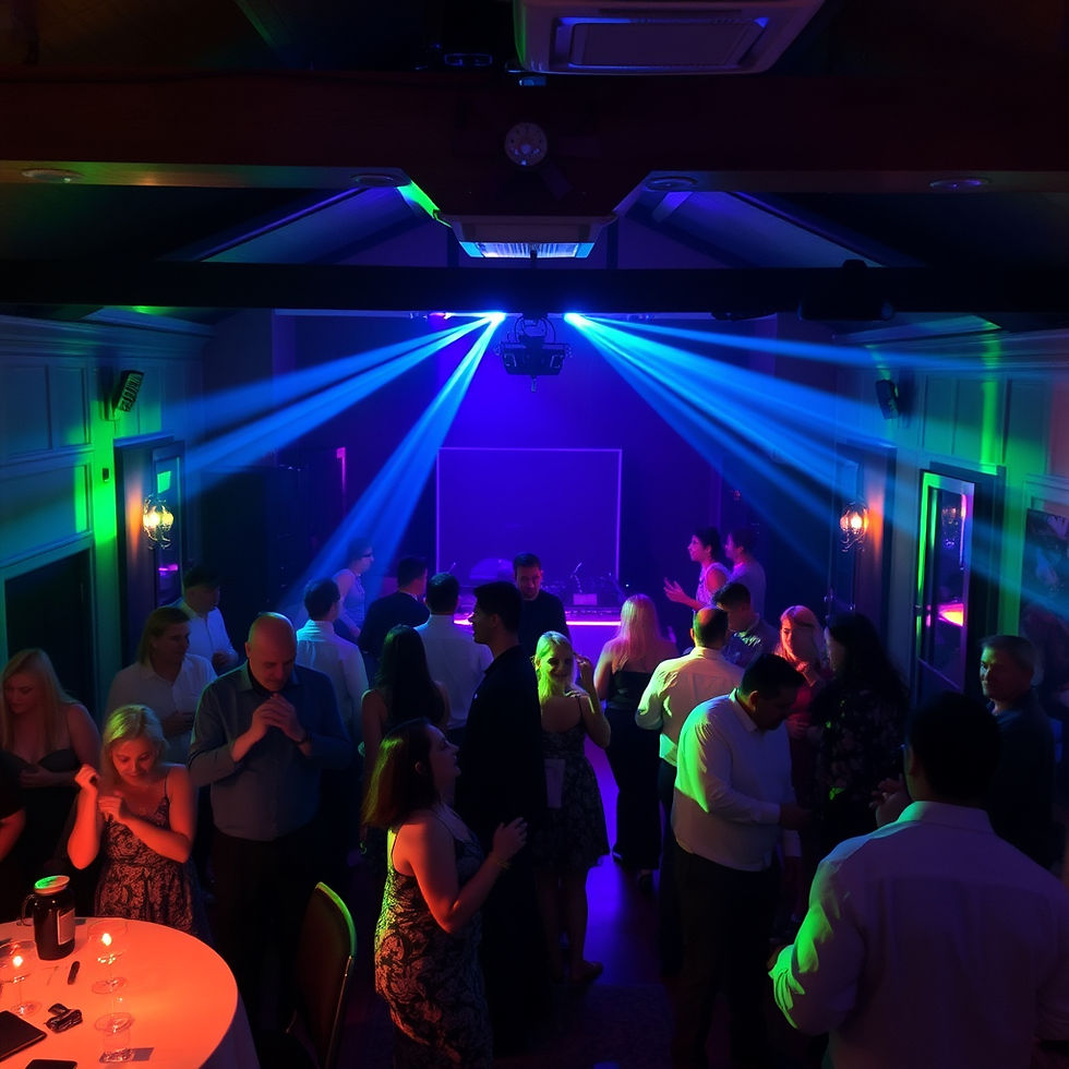 an event in a small banquet hall bar with a DJ, lights and people dancing.jpg