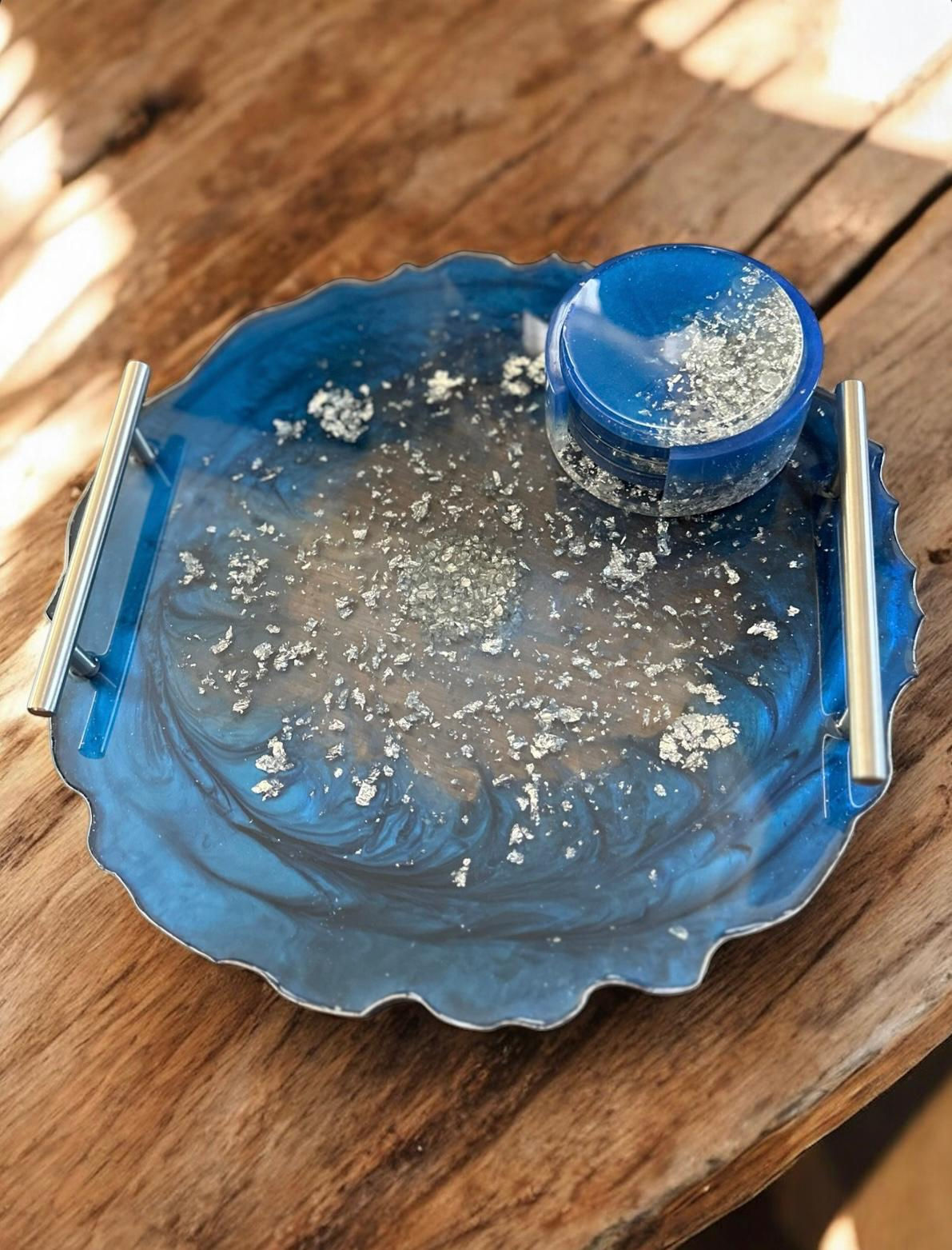 Royal Blue & Silver Resin Tray & Coaster Set