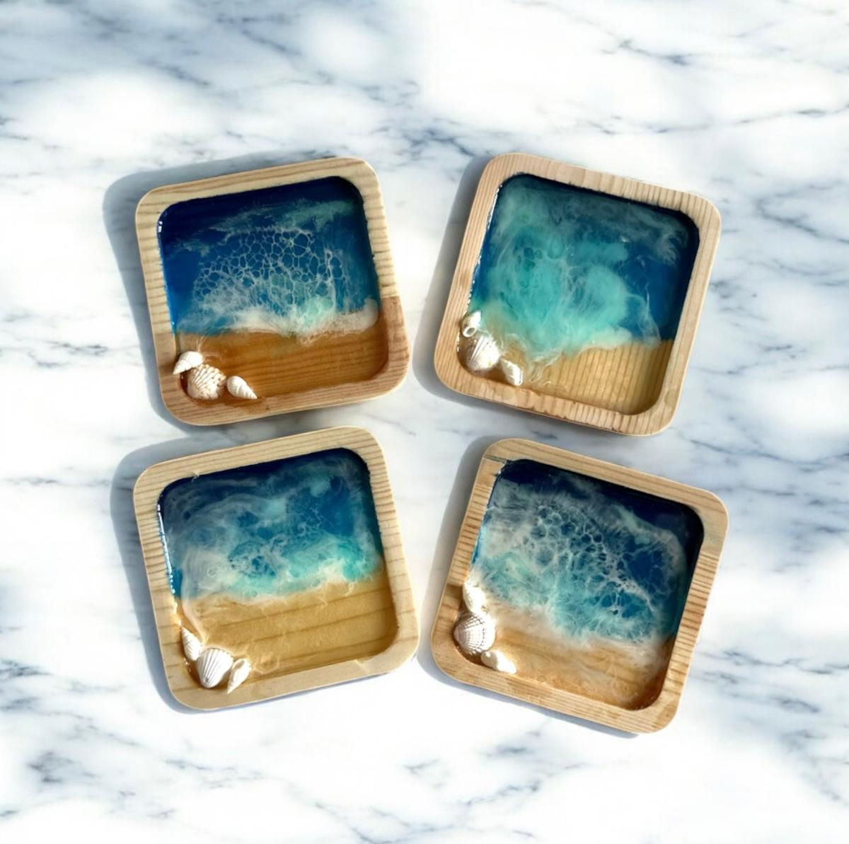Coastal Tide Resin Coaster Set (Real Seashells)