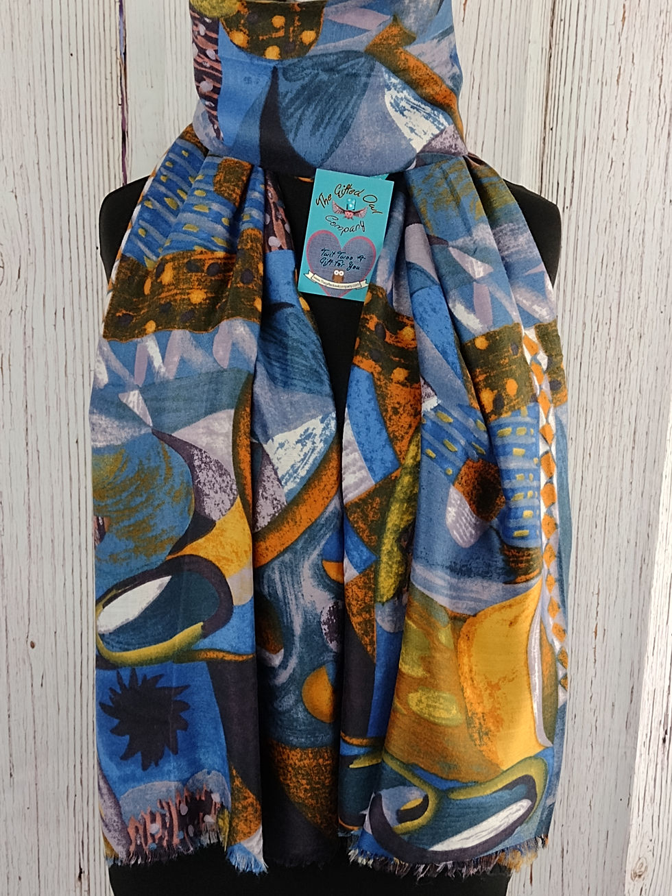 WOMEN'S ABSTRACT ARTWORK SCARF – BLUE GIFT WRAP /BOX