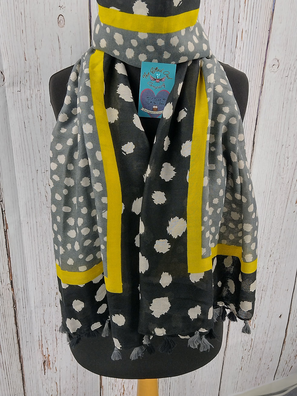 WOMEN'S DOTS, STRIPES & TASSELS SCARF - GREY & BLACK GIFT WRAP/BOX