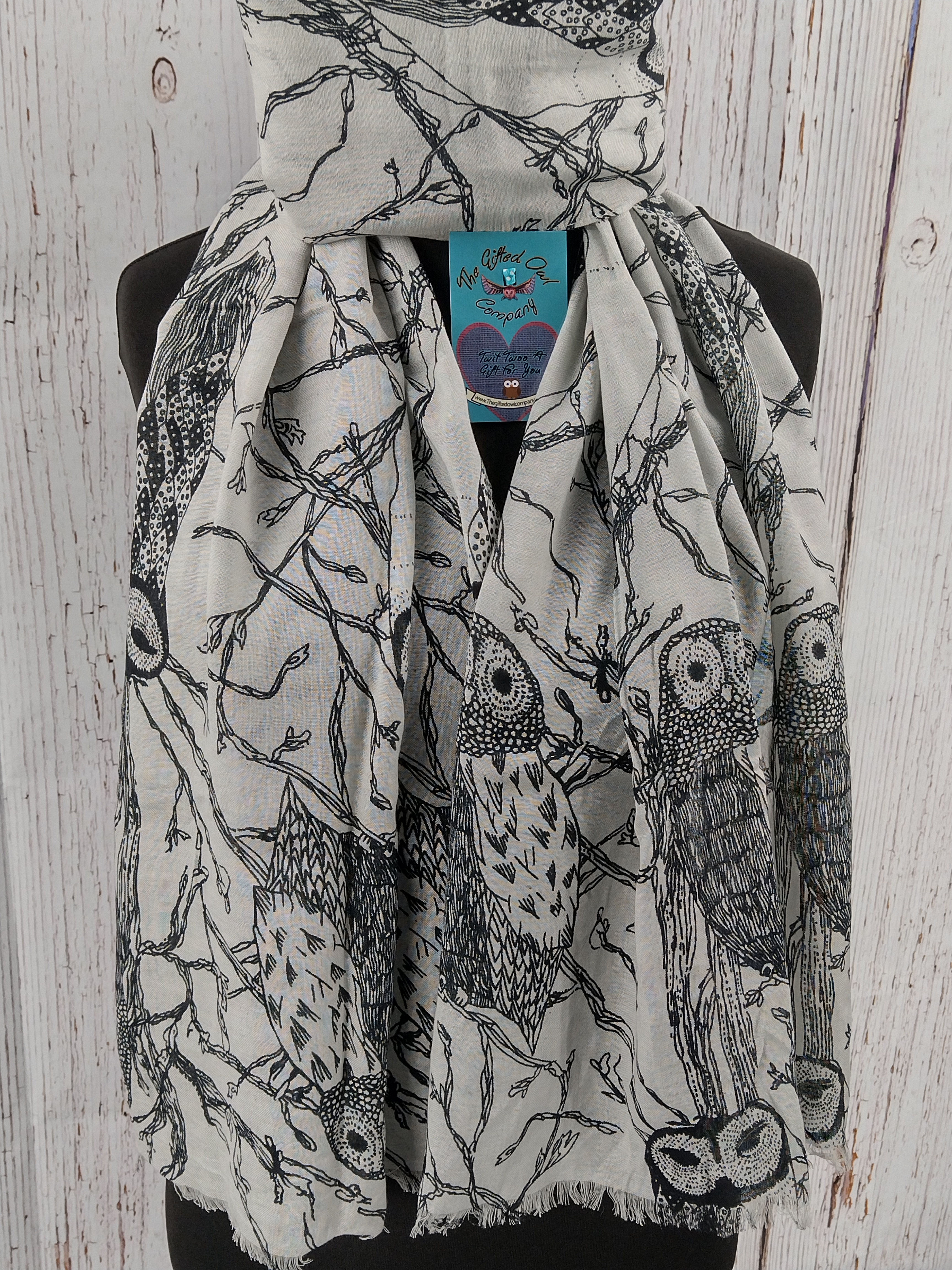 WOMEN'S OWL PRINT COTTON BLEND SCARF - GREY