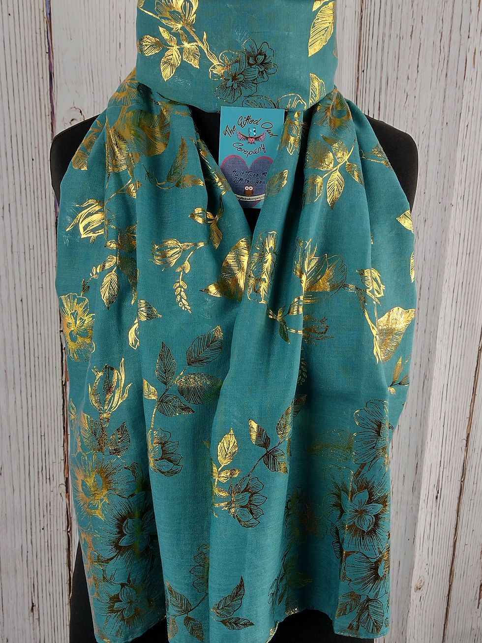 WOMEN'S EVENING GARDEN FLOWER SCARF – TEAL & GOLD FOIL