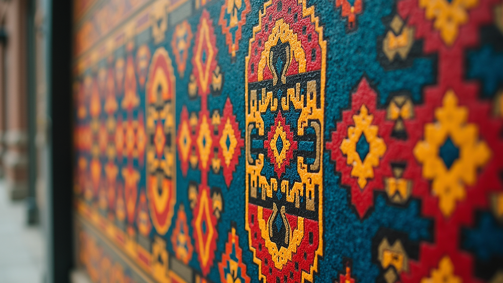 Eye-level view of a vibrant folk art piece featuring geometric patterns