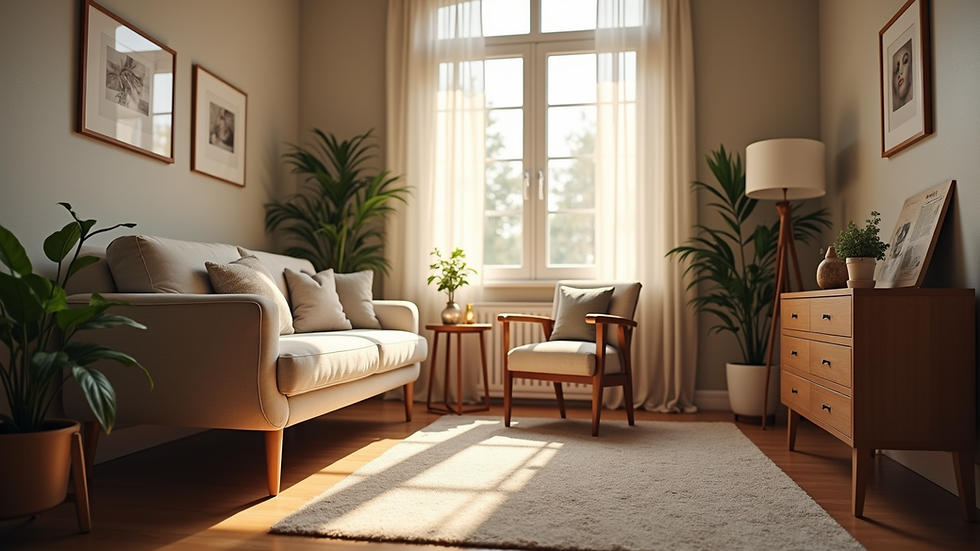 Eye-level view of a cozy counseling room with soft lighting
