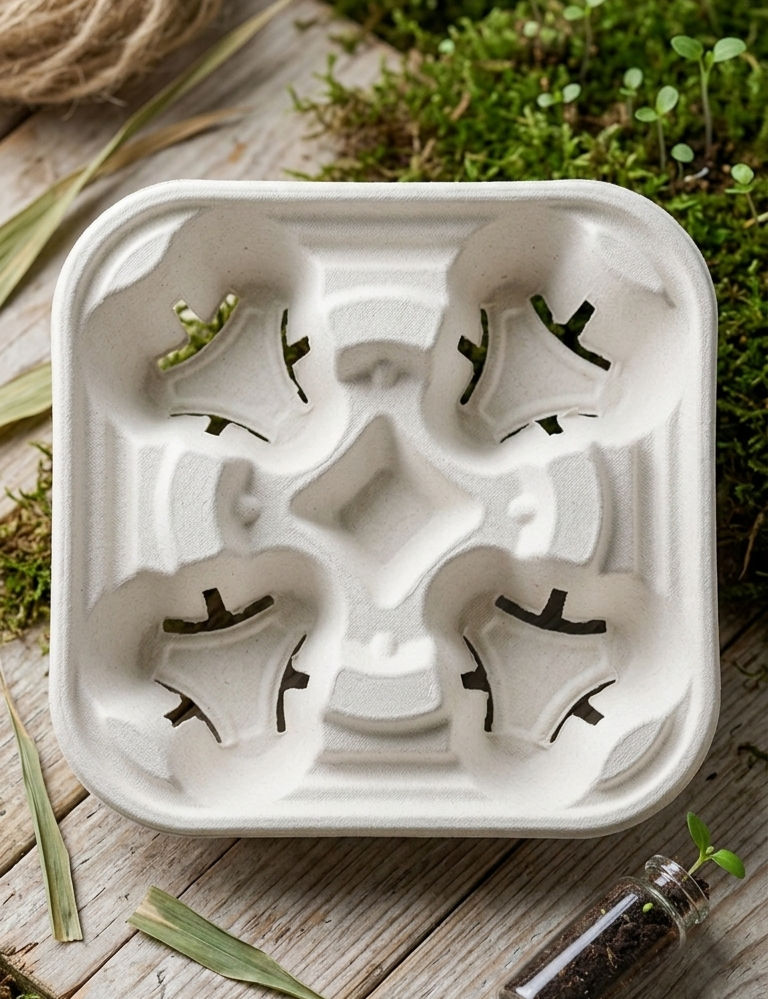 ახალი პროდუქტი: CUP HOLDER SUGARCANE BAGASSE – 4 სტაკანის ეკო სამაგრი შაქრის ლერწმიდან