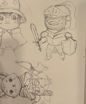 a sketch of a frog in wizard robes, a cat in an archer's outfit, and a duck in full knight's regalia