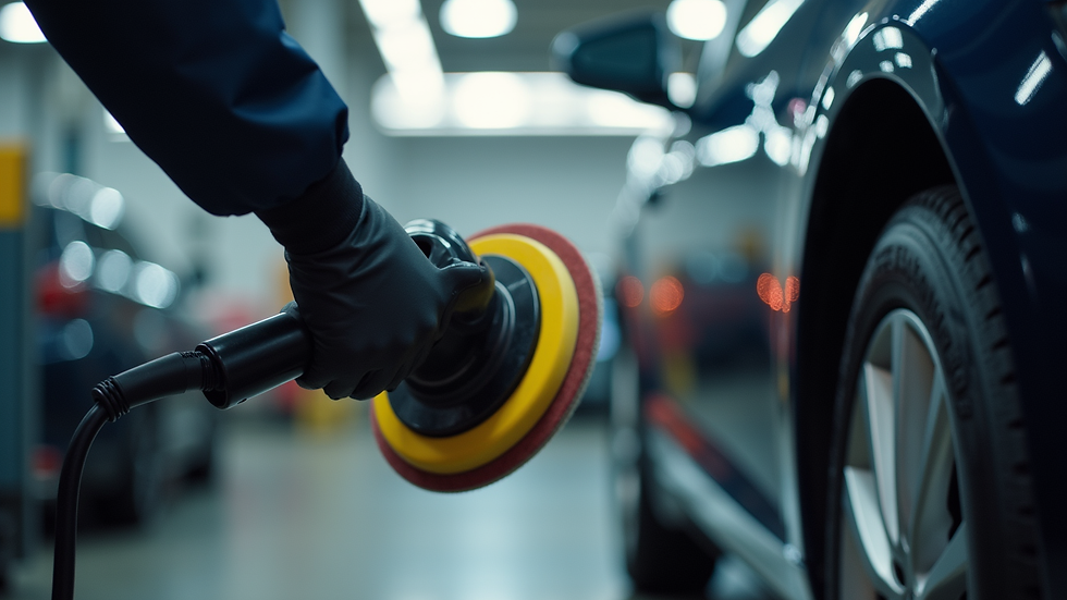 Eye-level view of a dual-action polisher on a car door