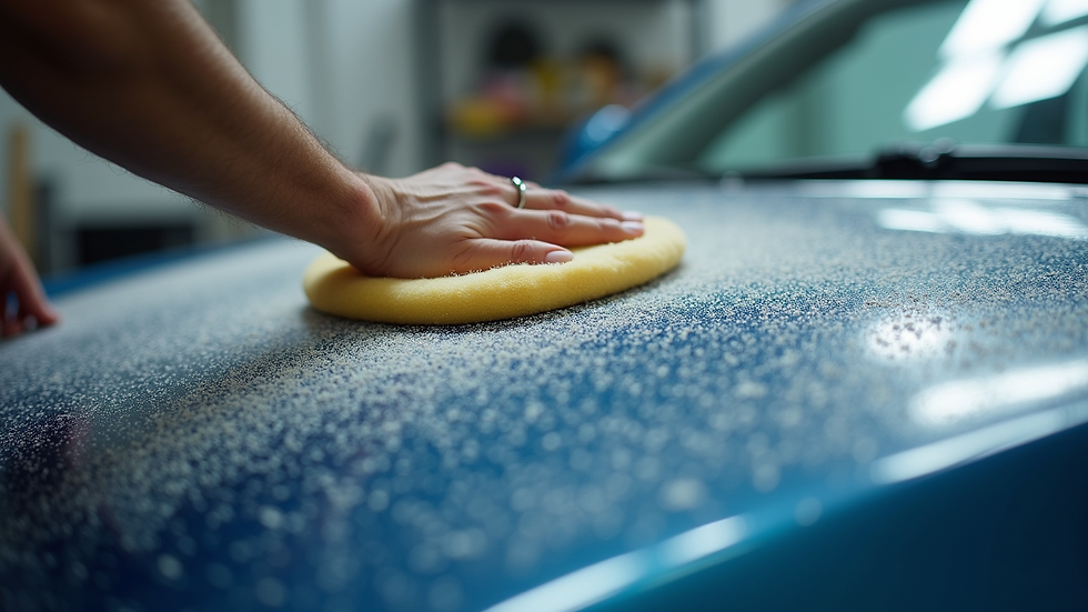 Eye-level view of car hood being polished with a foam applicator