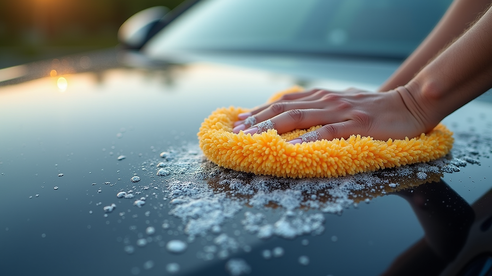 Close-up view of car surface being washed with a microfiber mitt