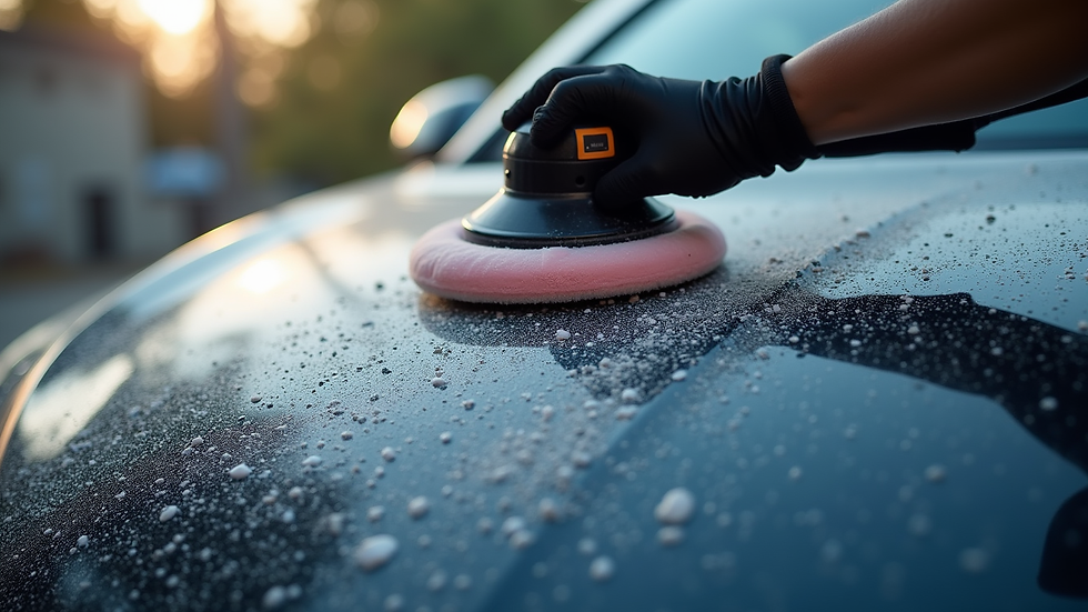 Close-up view of a car hood being polished with a dual-action polisher