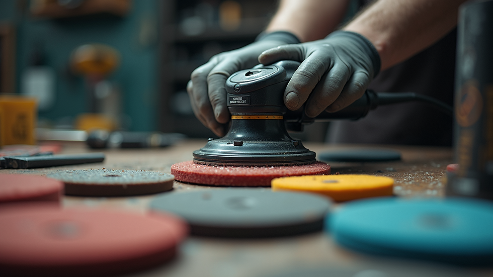 Eye-level view of a dual-action polisher and polishing pads on a workbench