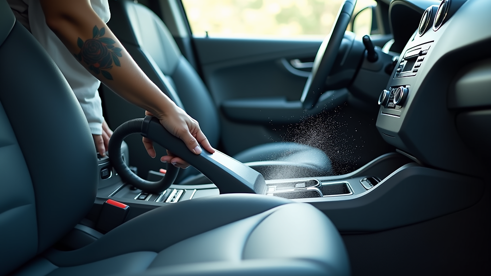 Close-up view of a car interior being vacuumed during professional cleaning