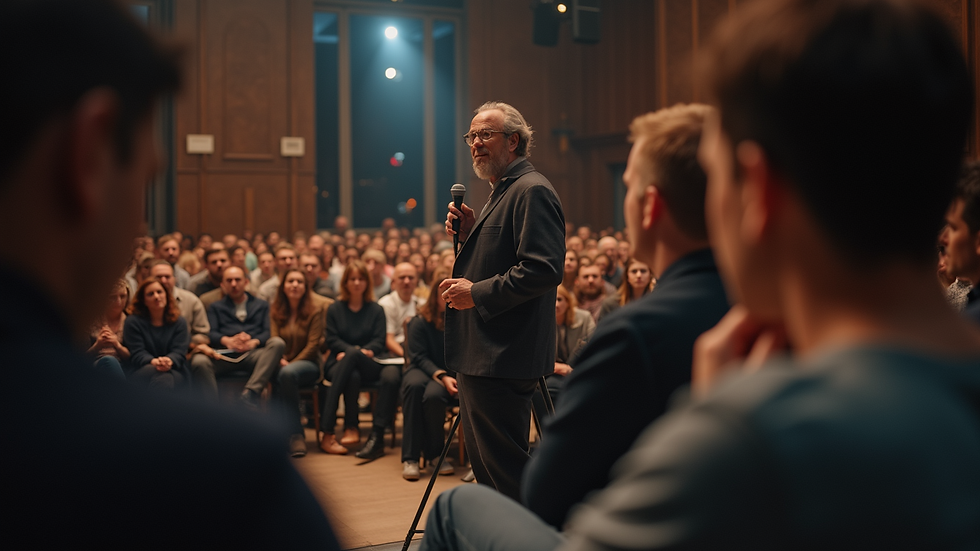 Eye-level view of a speaker engaging an audience