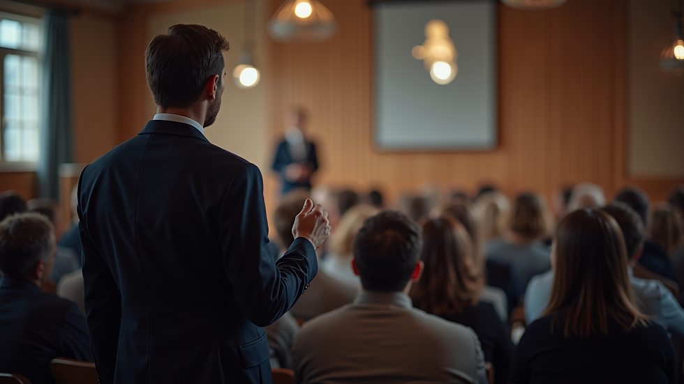 Eye-level view of a speaker engaging with an audience