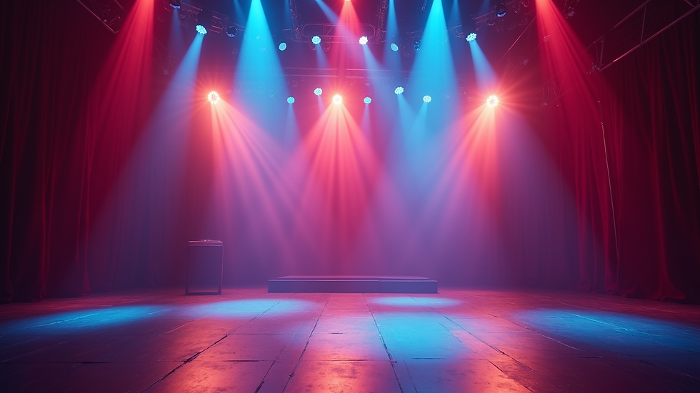 Eye-level view of a vibrant stage setup with colorful lighting