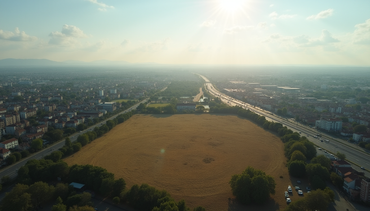 Vista panorámica desde dron mostrando terreno y áreas urbanas cercanas