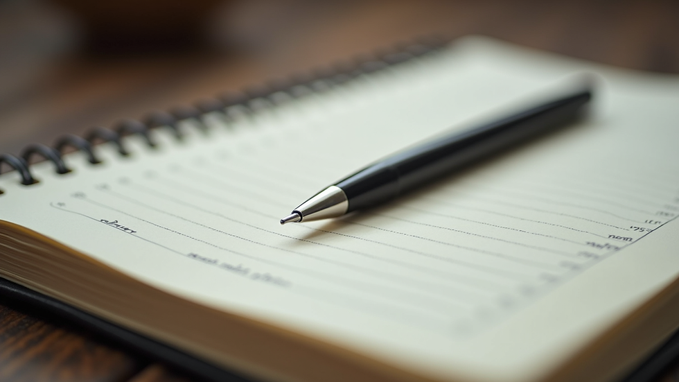 Close-up view of a handwritten journal with a pen resting on the page