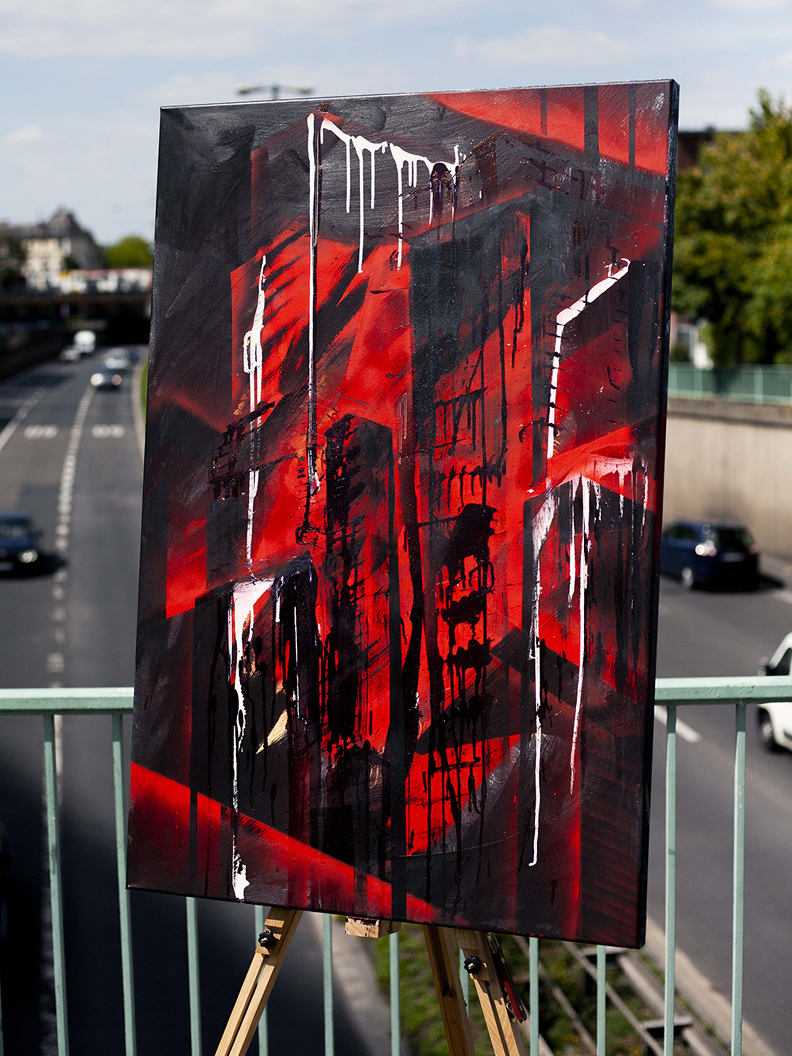 towers in red – mixed media painting (2021)