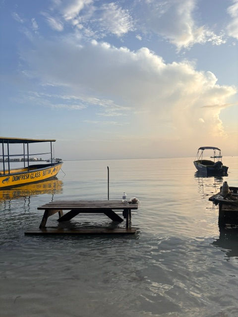 Glass-bottom tour boats anchored in calm Caribbean waters near a wooden table in the sea