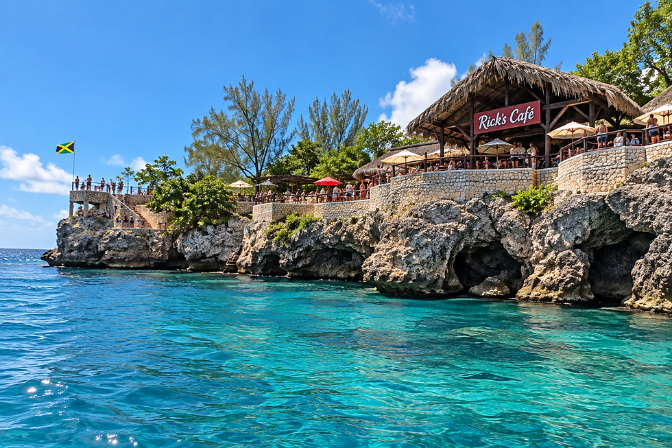 Rick's Cafe perched on the rocky Caribbean coastline in Negril, Jamaica